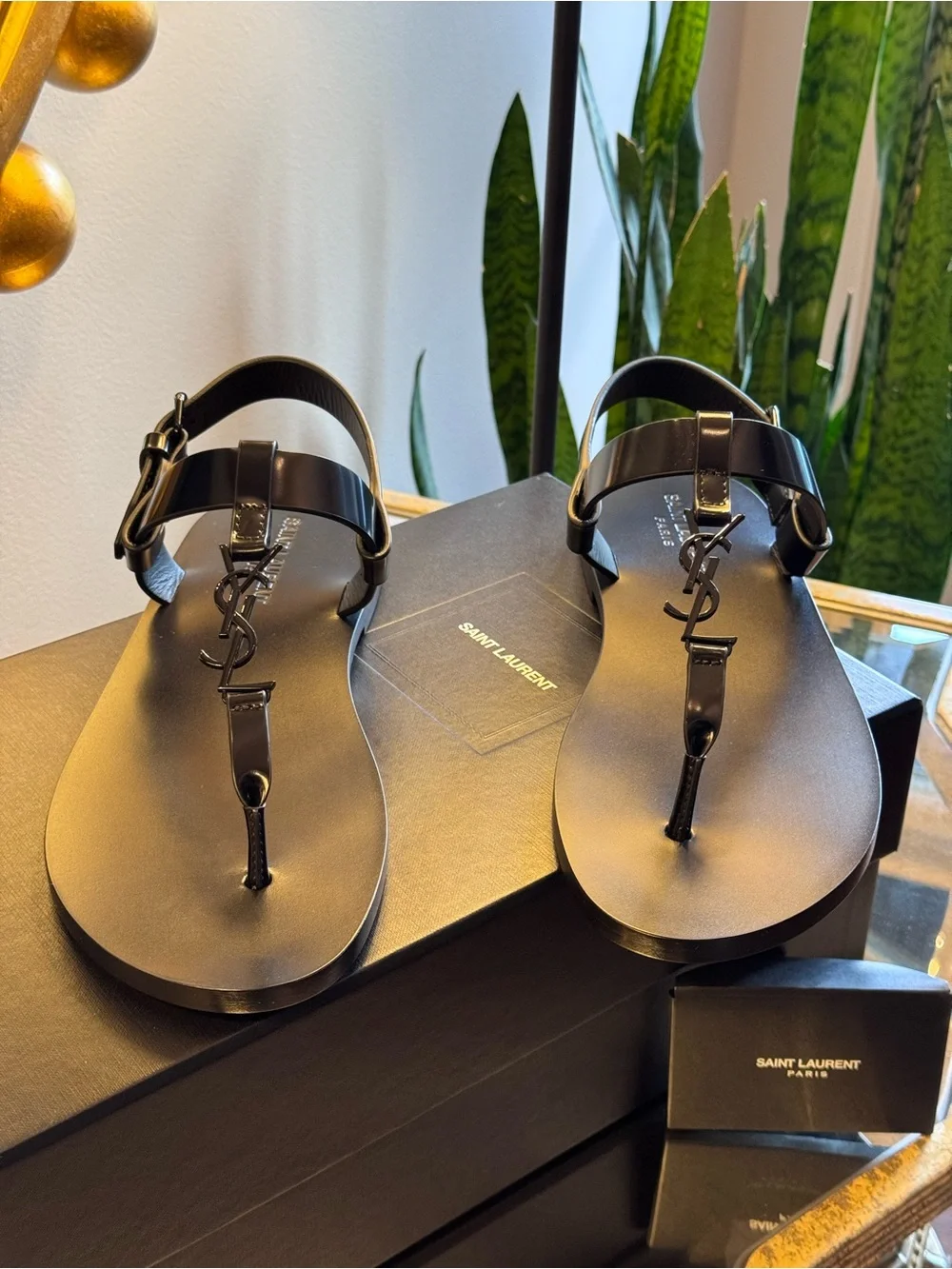 AUTHENTIC Saint Laurent Cassandre Leather Sandals In Black - Size 42
